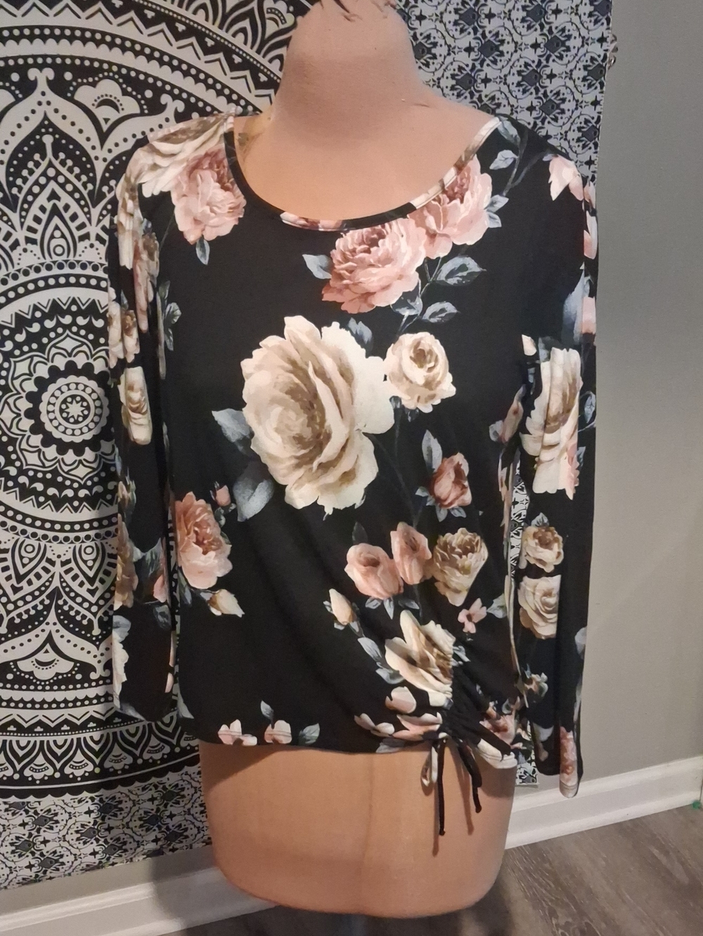 Apt. 9 Black Floral Long Sleeve Side-Tie Top